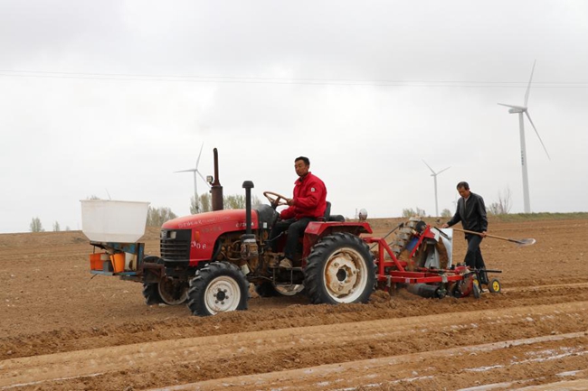 开机播种现场,专业技术人员对渗水地膜旱作谷子播种的技术要领进行了
