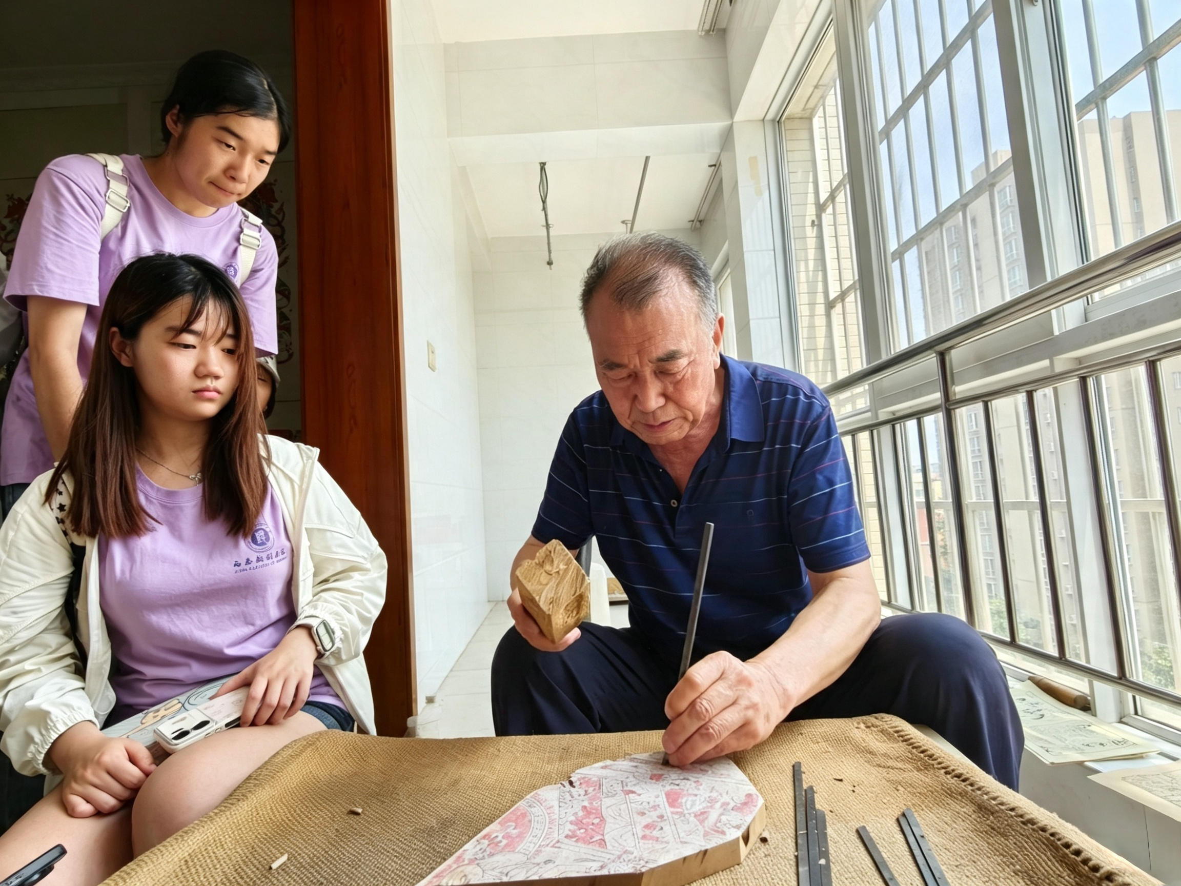 图为邰立平为实践团成员展示梨木刻版和雕版技法