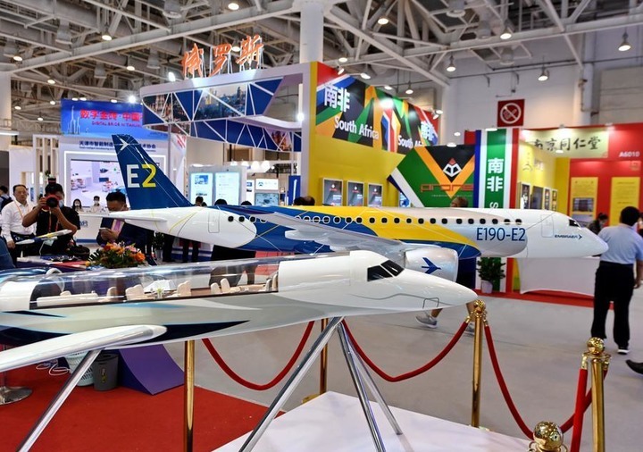 Photo taken on Sept. 8, 2021 shows models of jets during an exhibition on BRICS New Industrial Revolution held in Xiamen, southeast China's Fujian Province. (Xinhua/Lin Shanchuan)